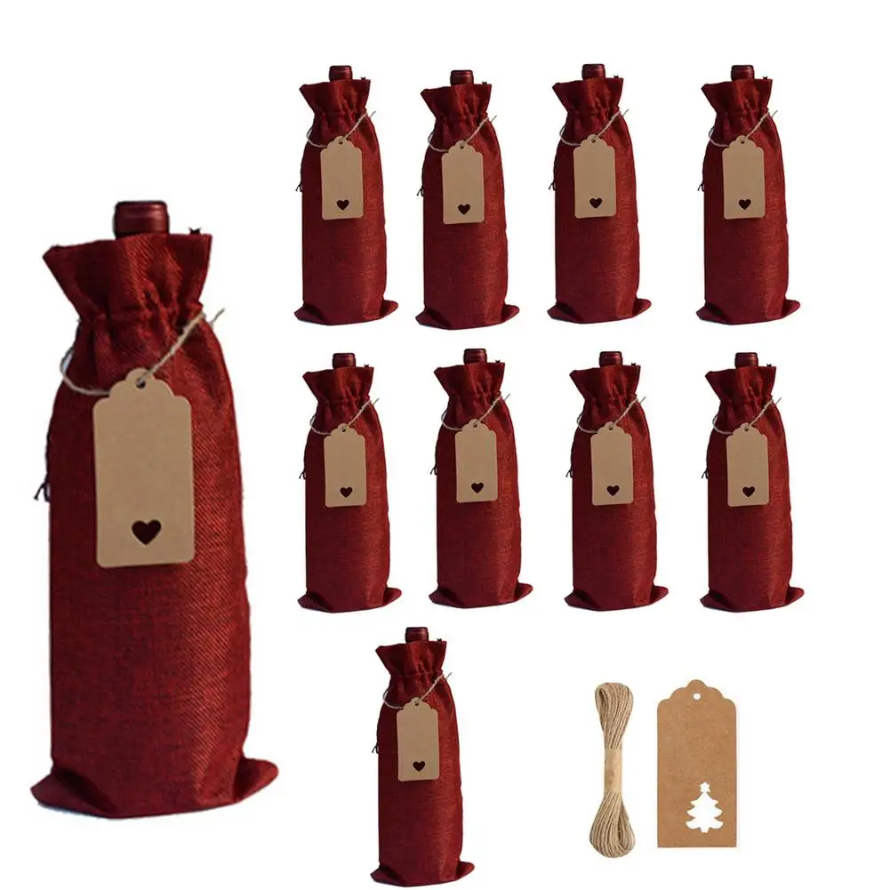 

Мешочки для вина из мешковины 10 шт., многоразовые льняные чехлы на шнурок для винных бутылок, пылезащитный Подарочный пакет Hessian с сердцем из...