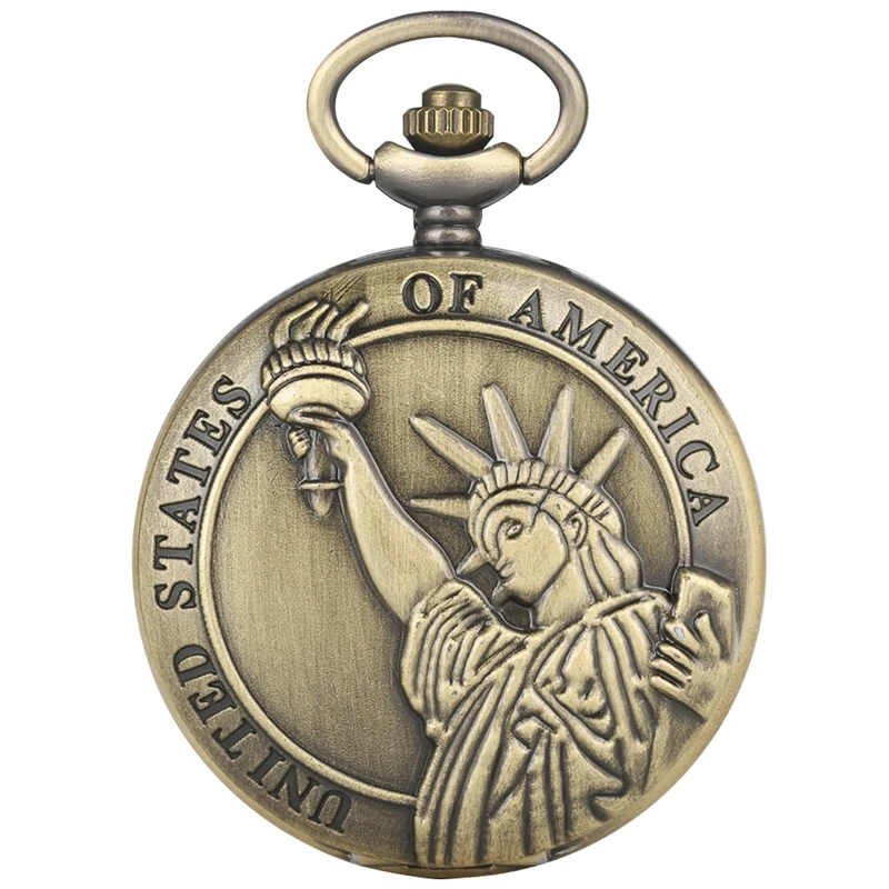 

United States of America Statue of Liberty Retro Bronze Quartz Pocket Watch Pendant Clock Gifts Necklace Men Women Collectibles