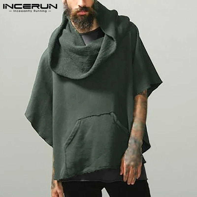 

Men Irregular Hoodies Cloak Heaps Collar Solid Color Streetwear Casual Pullovers Pockets 2021 Loose Men Sweatshirt S-5XL INCERUN