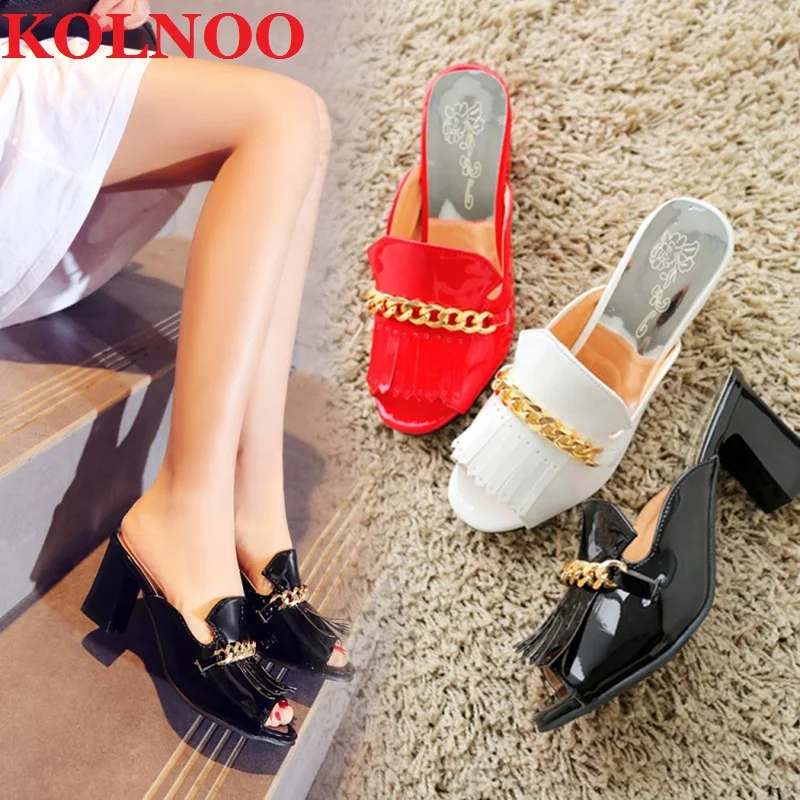 KOLNOO Handmade 5cm Mid-Heels Slippers Easy Wear Chains Peep-Toe Sexy Summer Sandals Three Colors Outdoor Fashion Daily Shoes