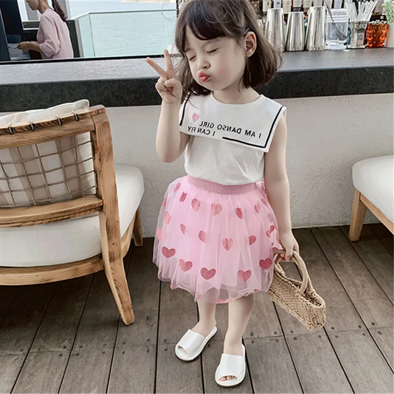 

2019 Summer Clothes for Girls Sleeveless T-shirt +Mesh Tutu Skirts Sets Toddler Girls Outfits Girls Tutu Skirts for Kids