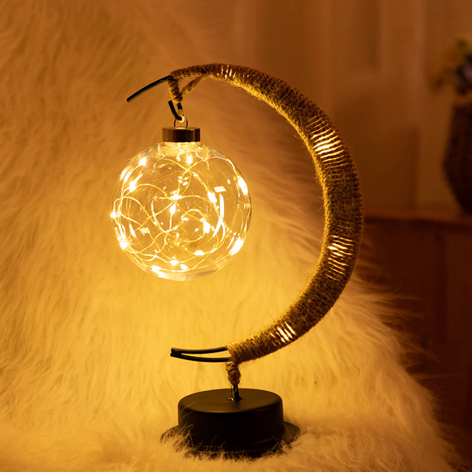 

LED Moon Sepak Takraw Lamp Line Rattan Handmade Hemp Rope Wrought Iron Night Light Home Decoration Sleeping Lantern Light