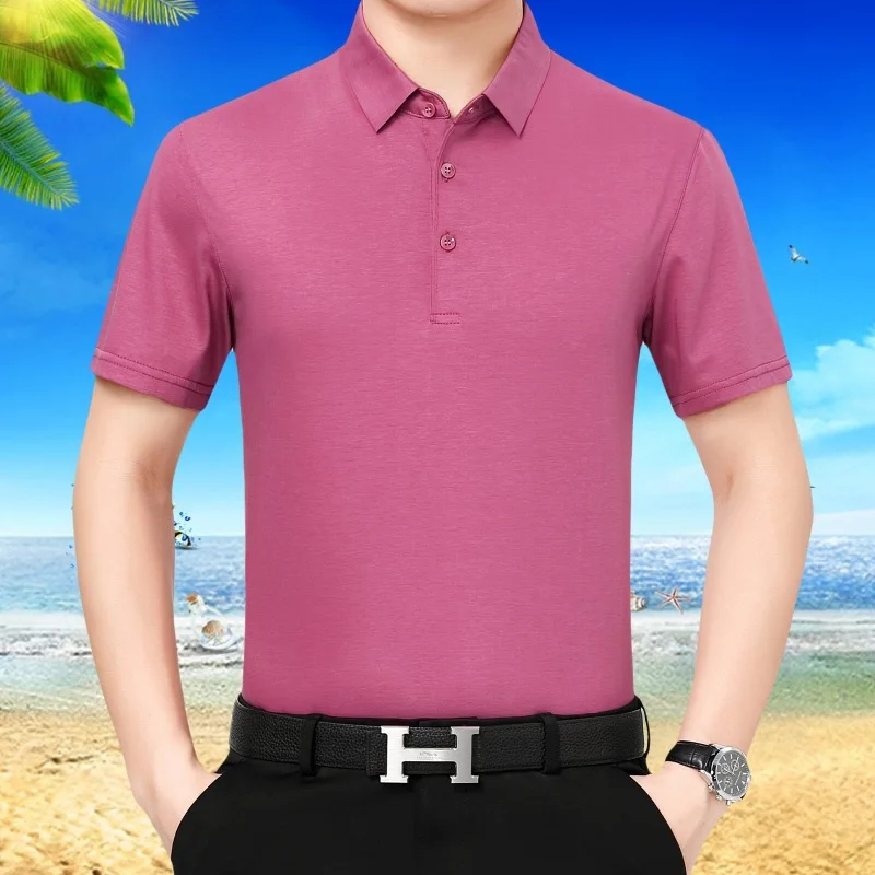 

2021 summer new men's silk T-shirt short sleeve polo shirt middle aged business men's wear solid color non iron t-shirt men's