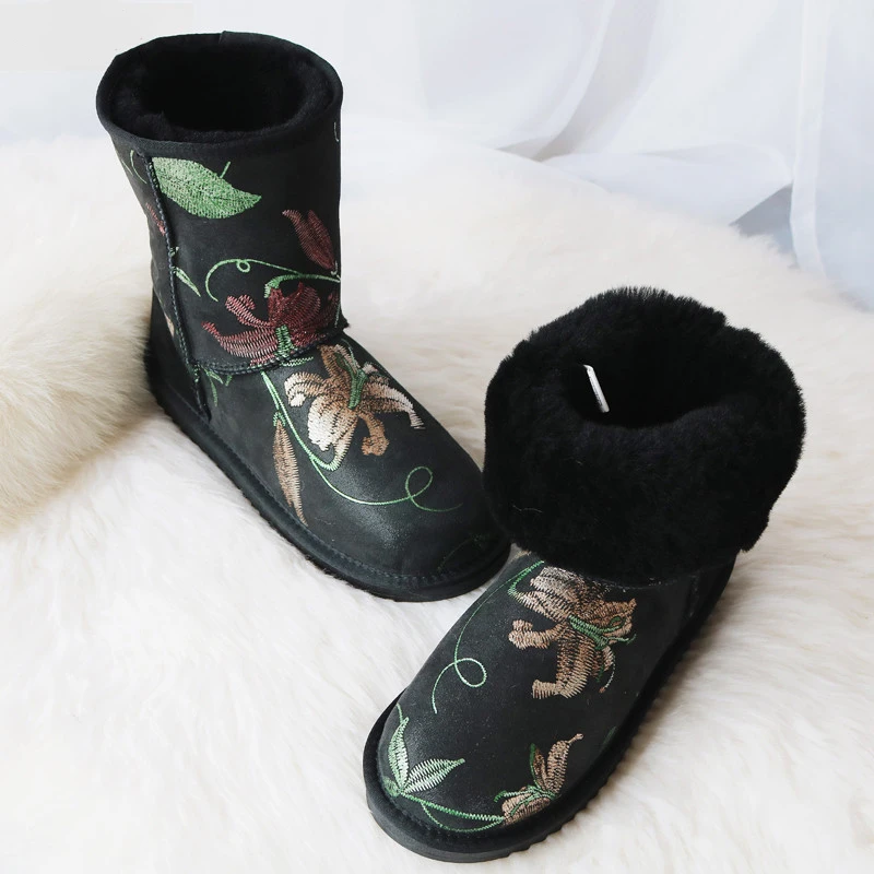 Женские зимние сапоги из овечьей шерсти G & Zaco черные до середины икры с вышивкой и