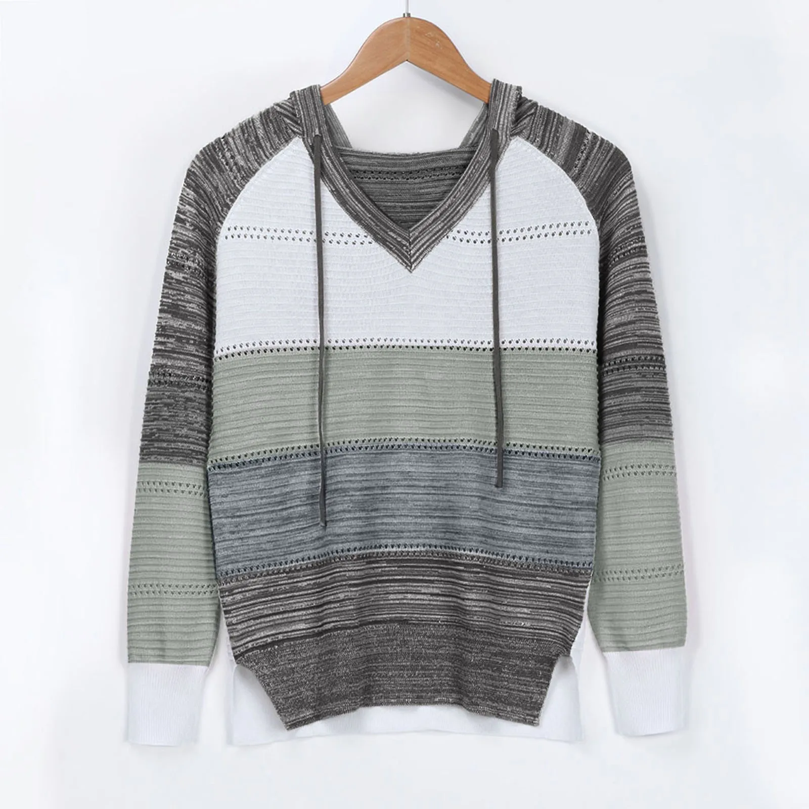 

Women Blouses Casual Patchwork V-neck Long Sleeves Hooded Sweater Blouse Tops Hollow Out Breathable Blouse Women Blusas Mujer