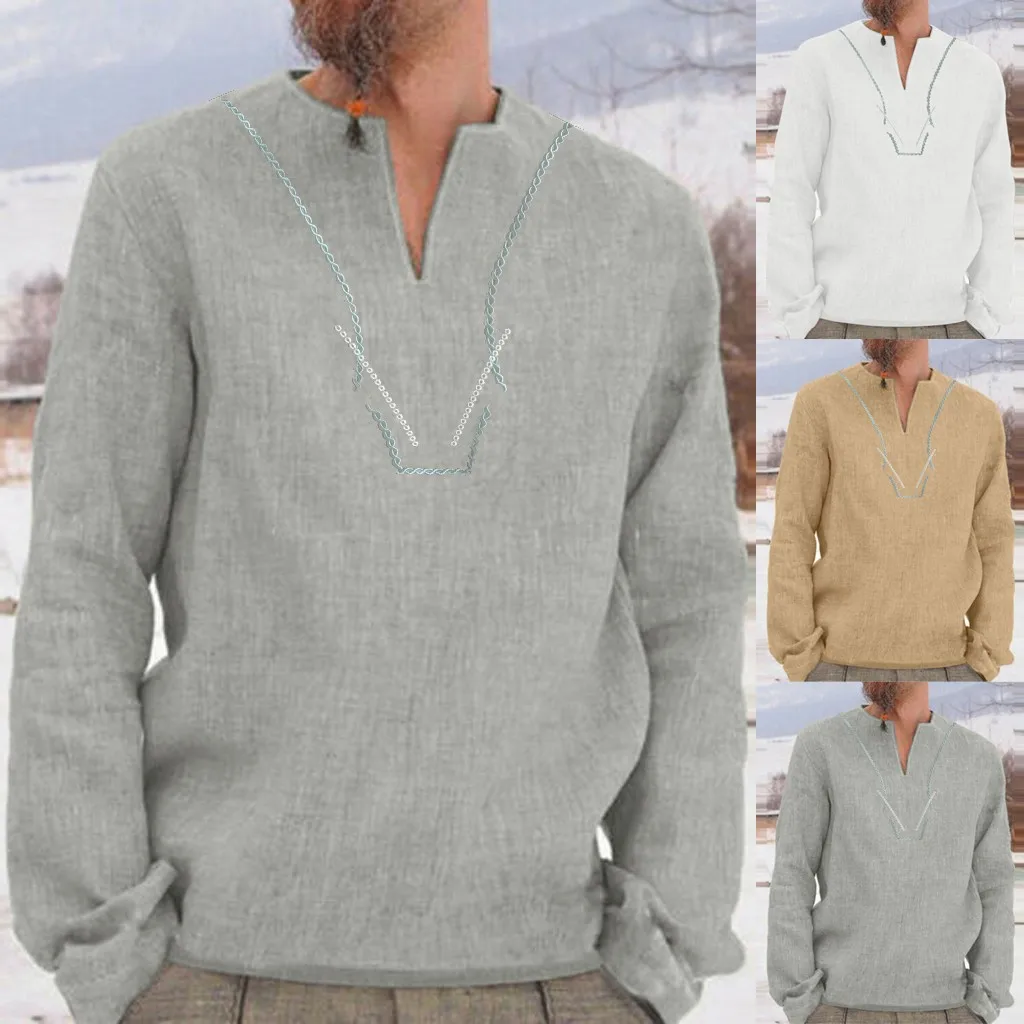 Мужские Мешковатые Ретро хлопковые однотонные рубашки с вышивкой длинным