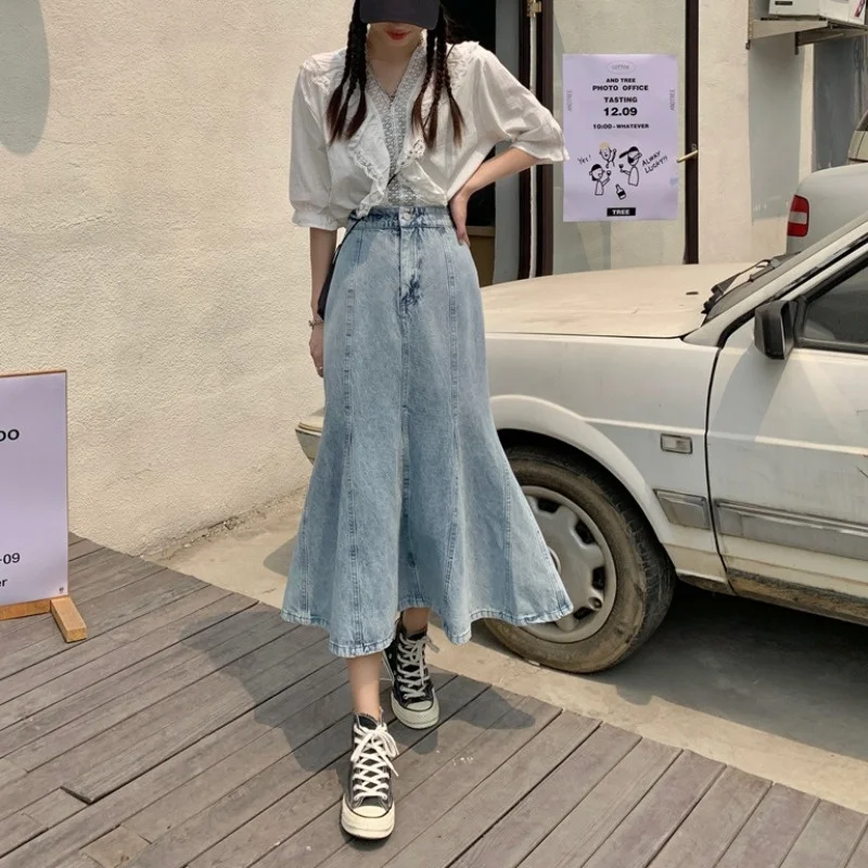 Denim Skirt Women's High Waist Design Sense Retro Mid-Length Ruffled Fishtail SkirtNuyoah | Женская одежда