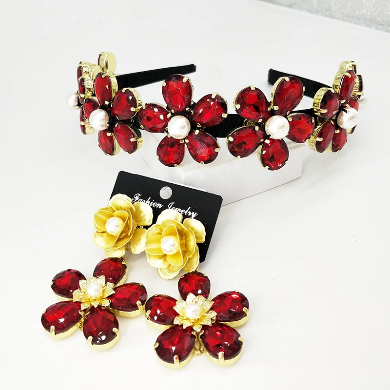 

Baroque Vintage Gold Red Crystal Bridal Jewelry Rhinestone Tiaras Crown Earrings Set Wedding Accessories