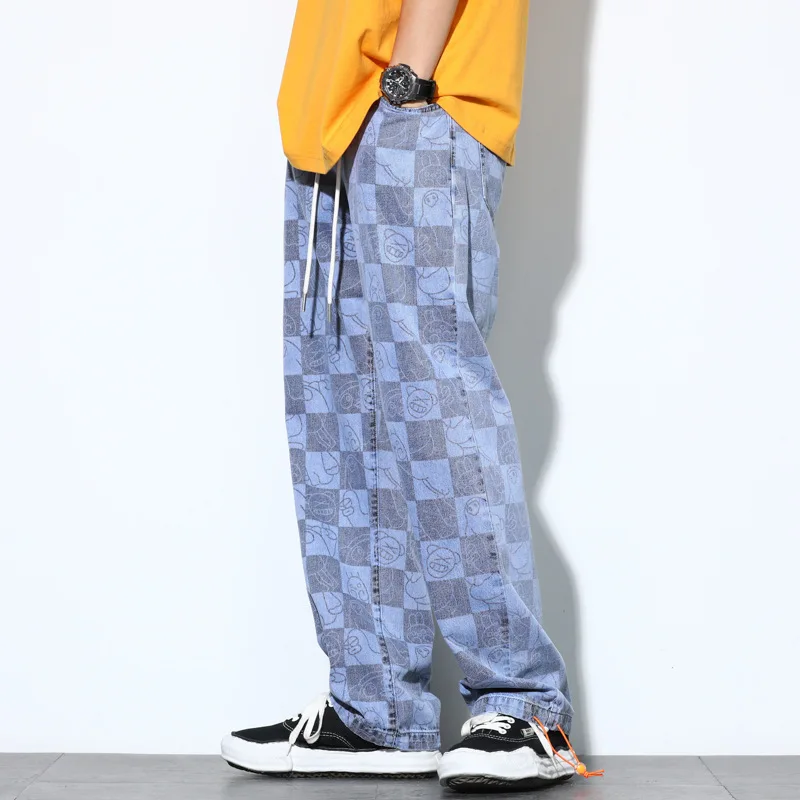 Retro Plaid Men's Jeans New Summer Wide Leg Pants Japanese Streetwear Cartoon Print Fashion Harajuku Trousers Men Baggy | Мужская