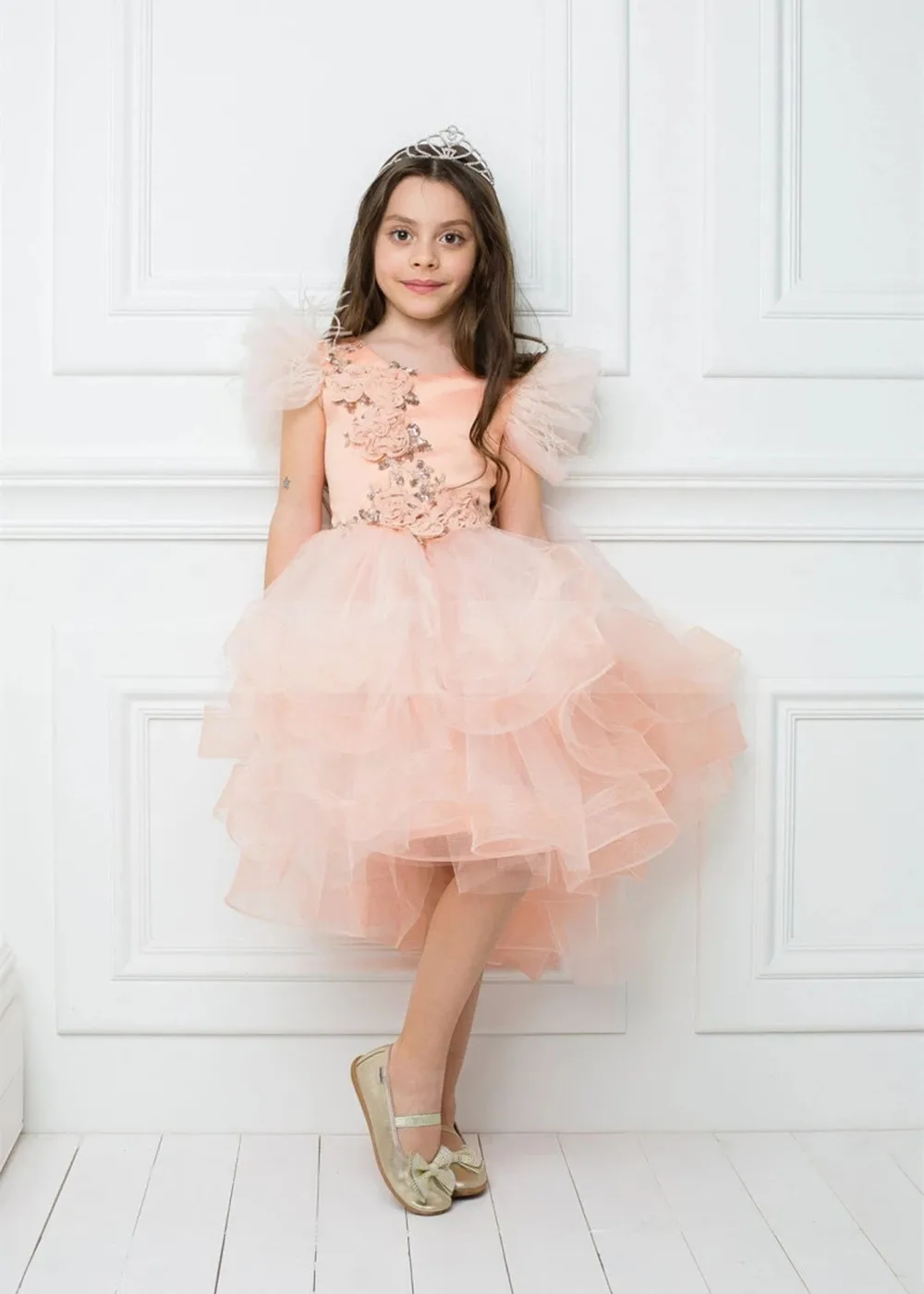 

Sky Blue Puffy Girls Dresses Organza Tiered Kids Clothes O Neck New High Low Flower Girl Dress Birthday Gown