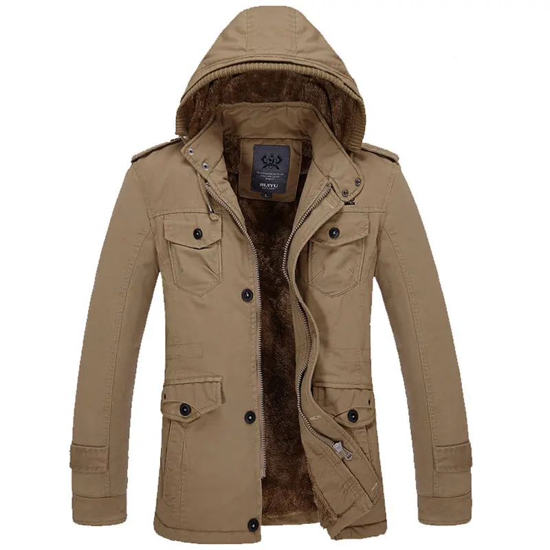 1 Khaki Новое поступление, мужское пальто, меховая подкладка, зимняя верхняя одежда, парка, Мужская одежда, военные куртки с капюшоном, толстые пальто и куртки, модные, для фитнеса - Цвет: 1 Khaki