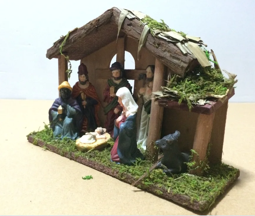 

New Resin Wooden House Jesus Baby Virgin Joseph Christmas Manger Set Decoration Gift Decoration Gift Crafts Festival