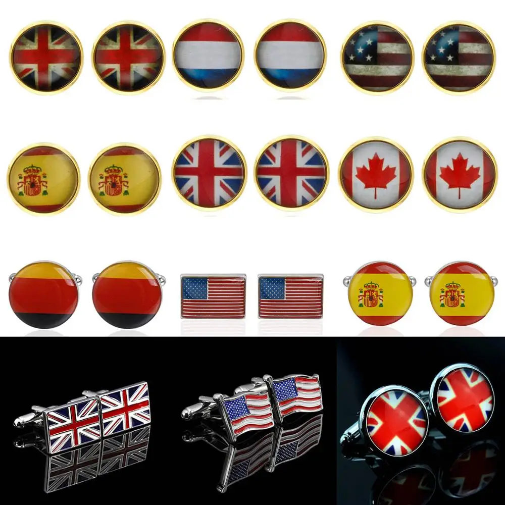 

Personality UK/FR/CA/US/GE/ES Flag Men Glass Alloy Cufflinks Silvery/Gold Suit Cuff Links Men Shirt Accessories gemelos para