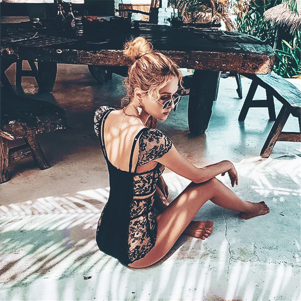 Сексуальный вышитый сетчатый кружевной купальник пуш-ап цельный женский с