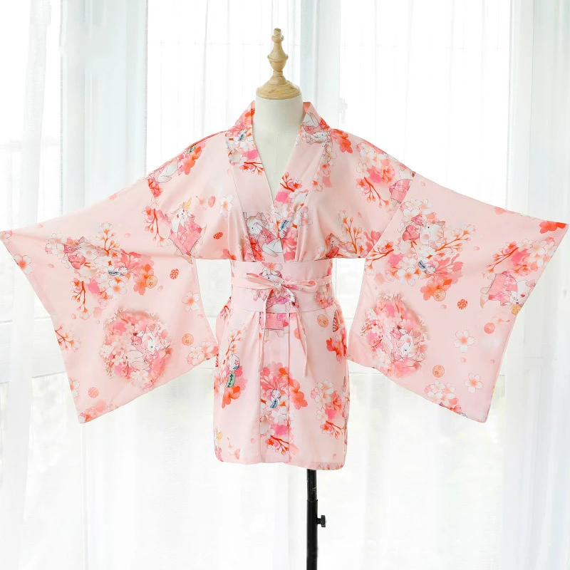 

2pcs Set Pink Set Pajamas Soft Silk Belt Japanese Kimono Sexy Cosplay Outfit for Women Traditional Style Robe Yukata Costumes