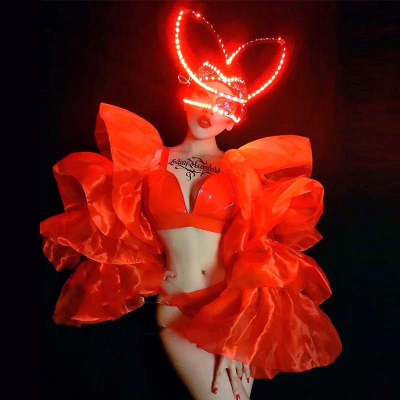 

Nightclub Bar Red Glow LED Headdress Big Sleeve Bikini Suit Female Singer DJ Costumes Party Festival Performance Clothes DWY3736