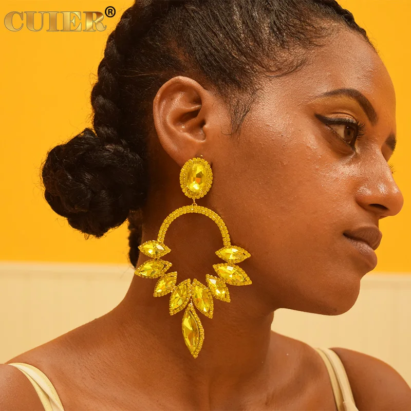 

CUIER Custom made 5.2" Crystal AB Big drop Pendant Dangle Earrings for women Rhinestones Wedding Gift Gold Jewelry