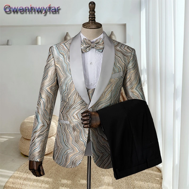 

Gwenhwyfar Men Tuxedo Slim Fit Fashion Suit Wedding Shawl Lapel 3 Pieces Casual Single Breasted Jacket Party Prom Singer Costume