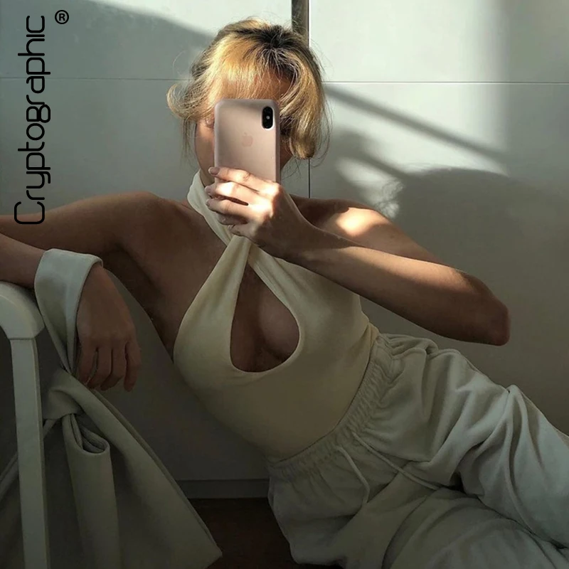 

Cryptographic Fashion Summer Sexy Halter Hollow Out Crop Tops for Women Sleeveless Backless Slim Top Cropped Basic Outfits