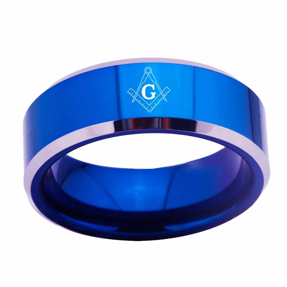 Кольцо масонов с инкрустацией имен, логотипов и выбором цвета (черный/золотой/синий) из титана 8 мм с бесплатной доставкой для мужчин.