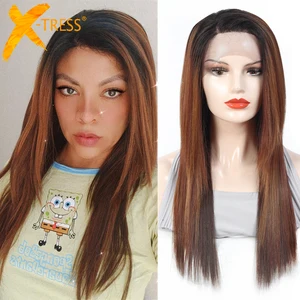 Парики из синтетических волос на фронте для черных женщин, цвет Омбре, коричневый, X-TRESS, длина 22 дюйма, мягкий прямой слой, парик из кружева, бесплатная доставка
