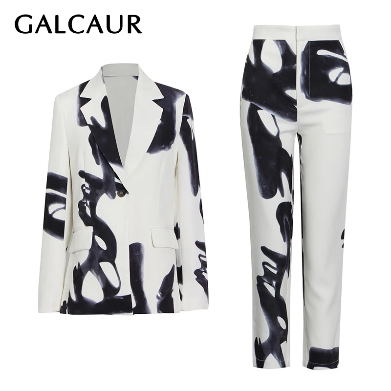 

GALCAUR White Tie Dye Colorblock Sets Female Lapel Collar Long Sleeve Coat High Waist Pant For Women 2021 Clothing Fashion New