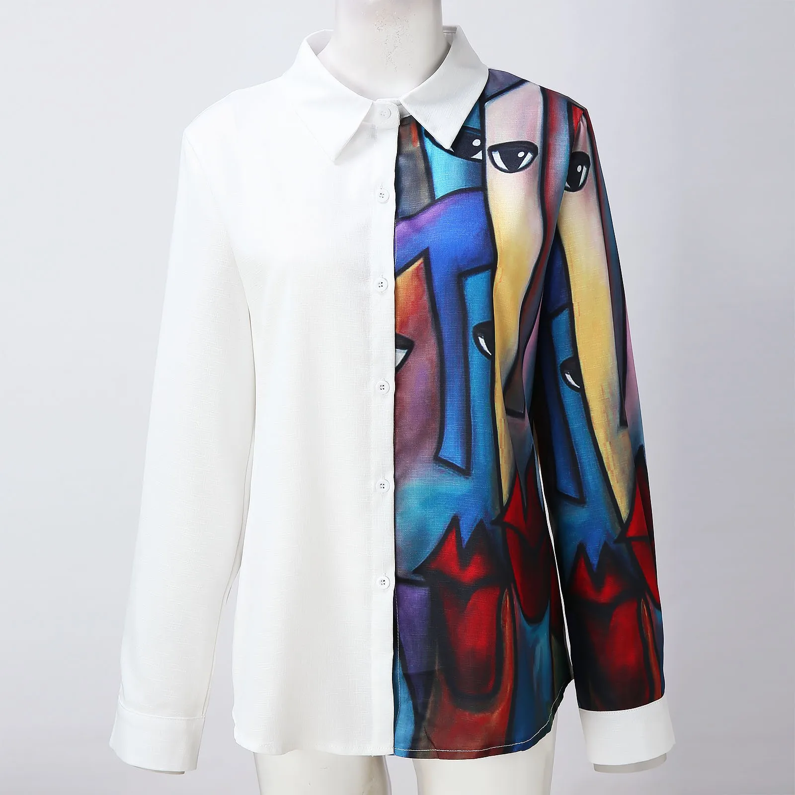 

Patchwork Printed Cotton Linen Tops Tee 2021 Casual Lapelwomen's T-shirt Long Sleeve Button Tunic Shirt Plus Size Tshirts