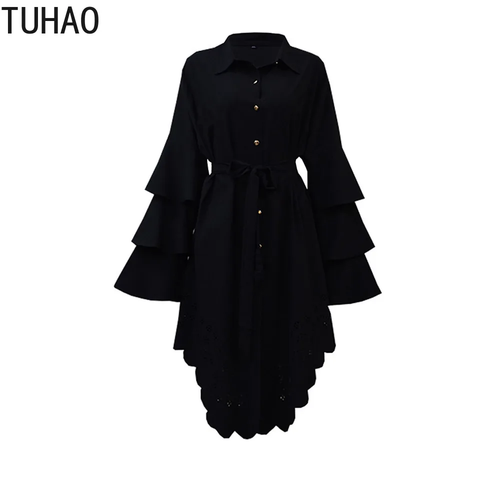 

TUHAO Women Long Flare Sleeve Lace Blouse Ladies Pleated Chiffon Blusas Casual Solid Elegant Shirts Plus Size 5XL 4XL 3XL WM64