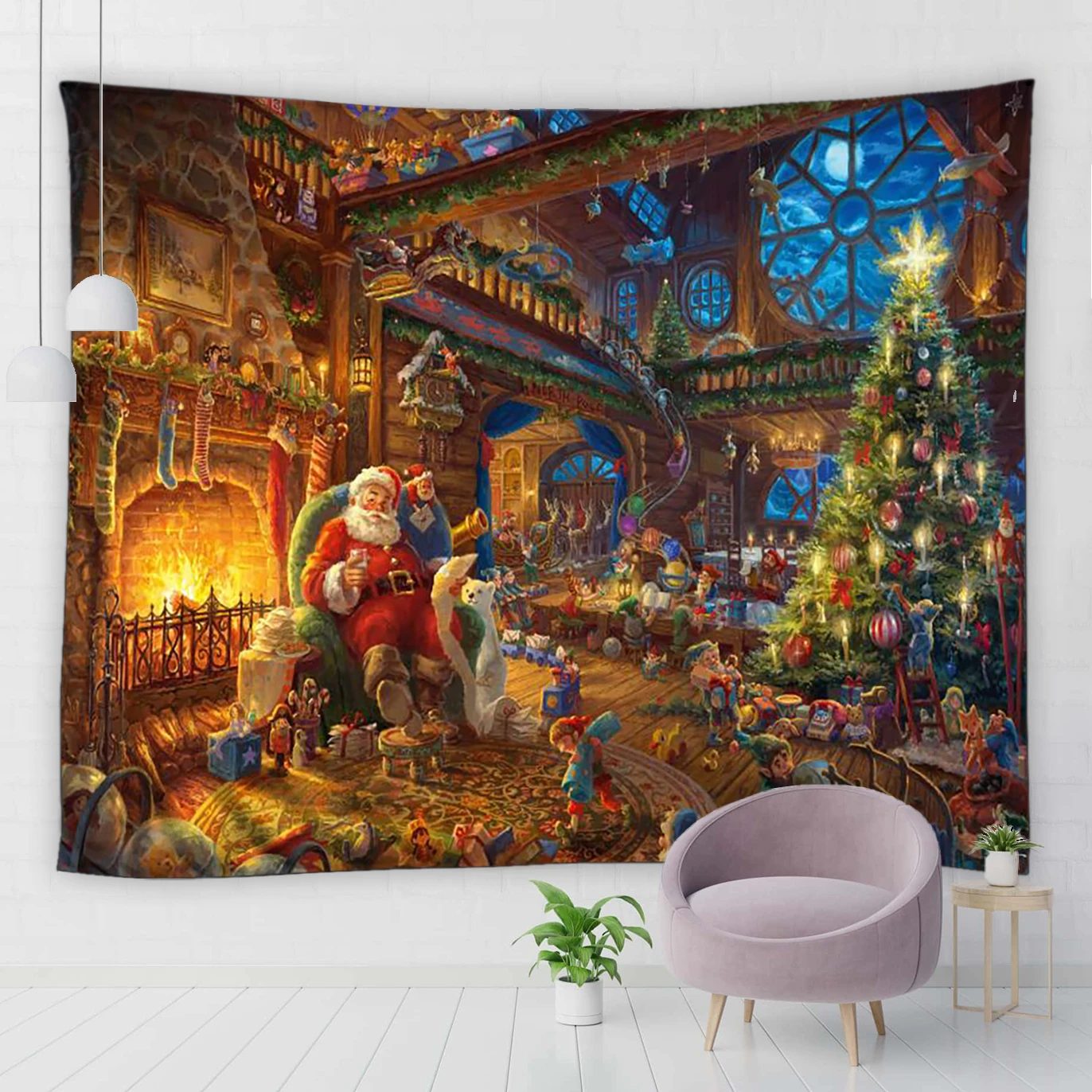 

Christmas Bathroom Curtain Shower Curtains Santa Claus Reading Newspaper in a Armchair by Fireplace Xmas Tree Home Decoration