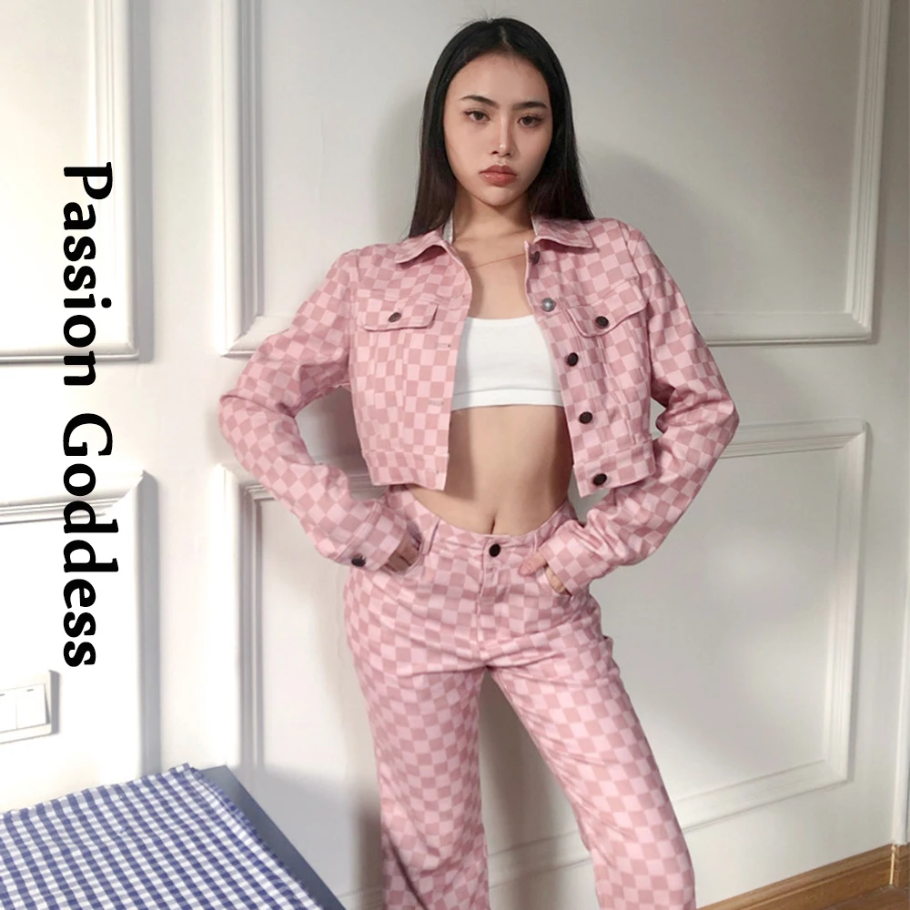 

Casual Women Pink Checkerboard 2 Piece Sets Loose Tracksuits Single-breasted Jackets High Waist Flare Pants Two Piece Outfits