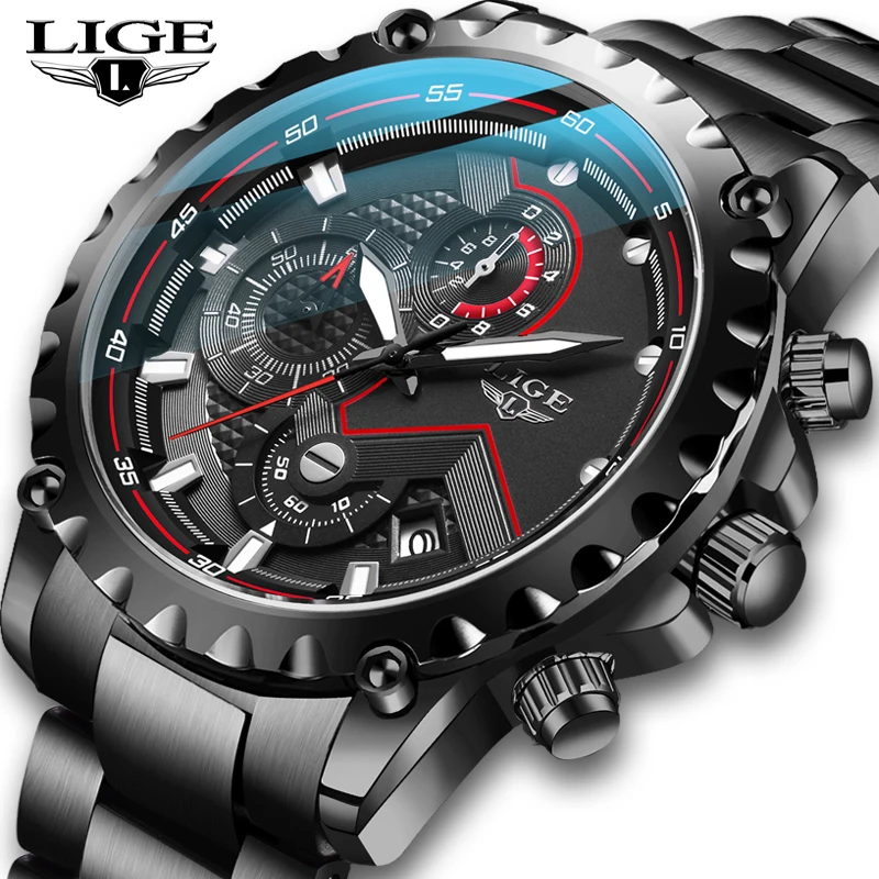 Часы наручные LIGE Мужские кварцевые модные водонепроницаемые спортивные из