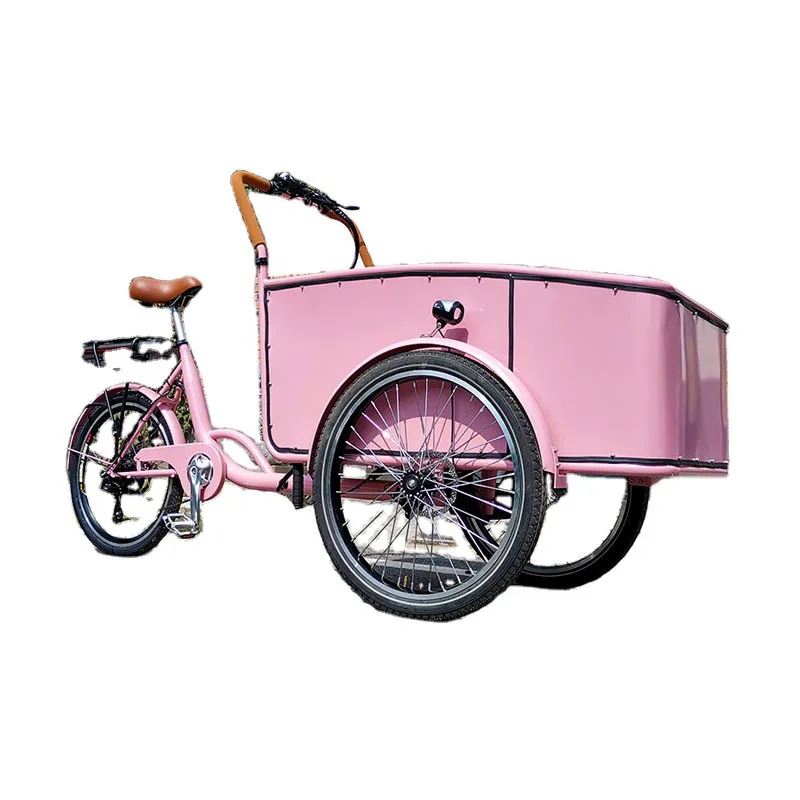 

Pedal Electric Cargo Bike Pink Color Dutch Adult Tricycle Street Vending Cart For Sale Customize