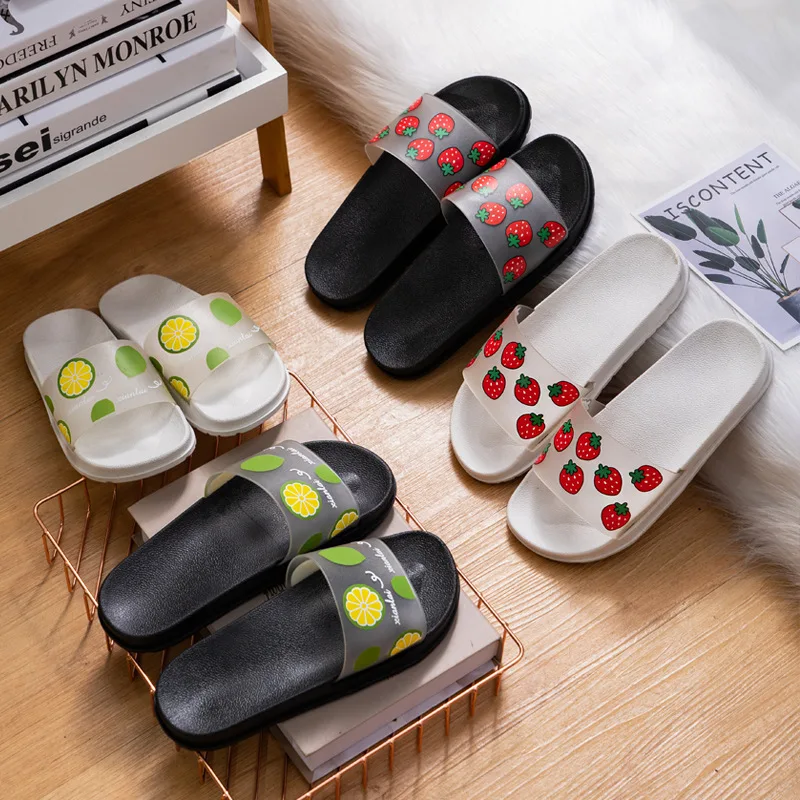 

Summer Couple Slides Slippers Print Indoor Home Bathroom Women's Shoes Thick Bottom Non-Slip Casual Soft Ladies Flat 2021 New
