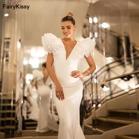 fairykissy morden sexy deep v neck ruffle sleeve wedding dress mermaid for women soft satin bridal party gowns with sweep train