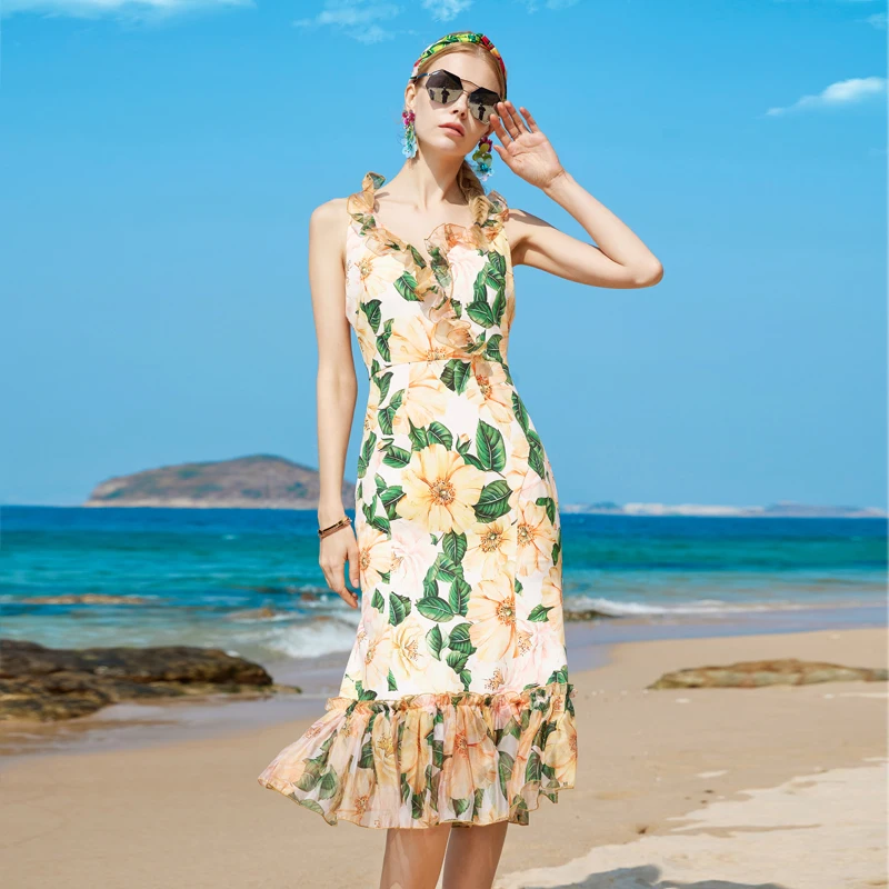 

Fashion Summer Designer New Women'S Dress Sunshine Comfortable Vacation Adorable Fish Tail Seductive Floral Print Mini Dress