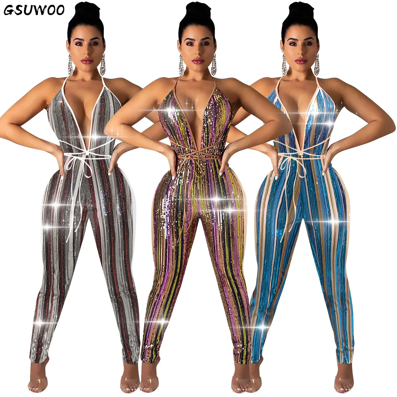 

GSUWOO сексуальные блестки Холтер с V-образным вырезом на шнуровке с открытой спиной Женская повязка с вырезами цельная модель