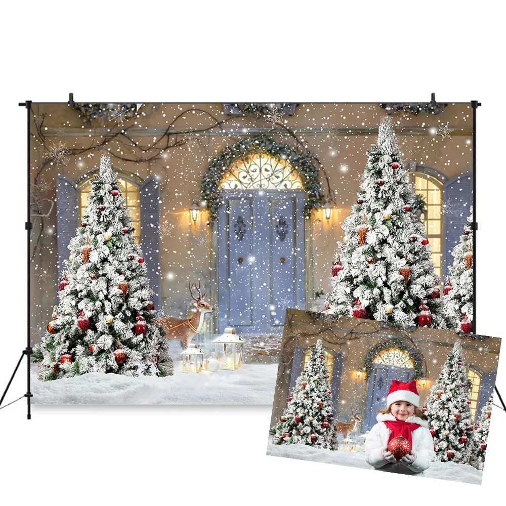 Рождественская деревянная дверь фон Снеговик окно облако фон семейная Рождественская елка окно подарок вечерние фотобудка