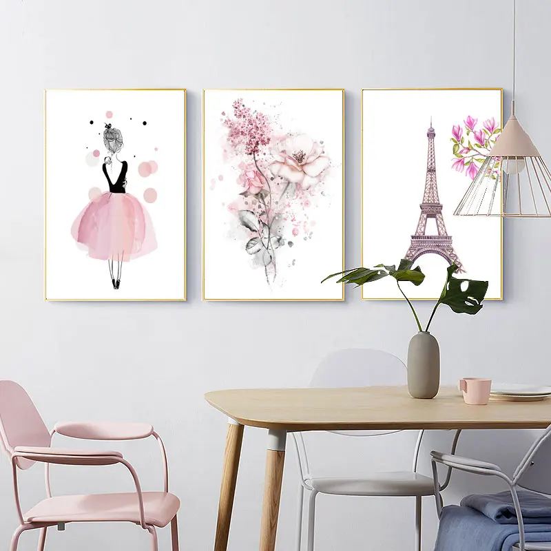 

Watercolor Pink Dancing Girls Flowers Eiffel Canvas Paintings Wall Art Poster Gift Nordic Picture Kids Room Home Decor