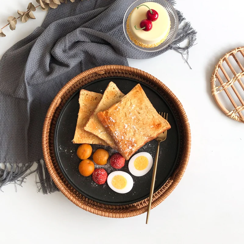 Rattan Basket Hand-Woven Coffee Breakfast Severing Tray Food Storage Platters Bread Plate with Handler For Drink Snack Tea | Дом и сад