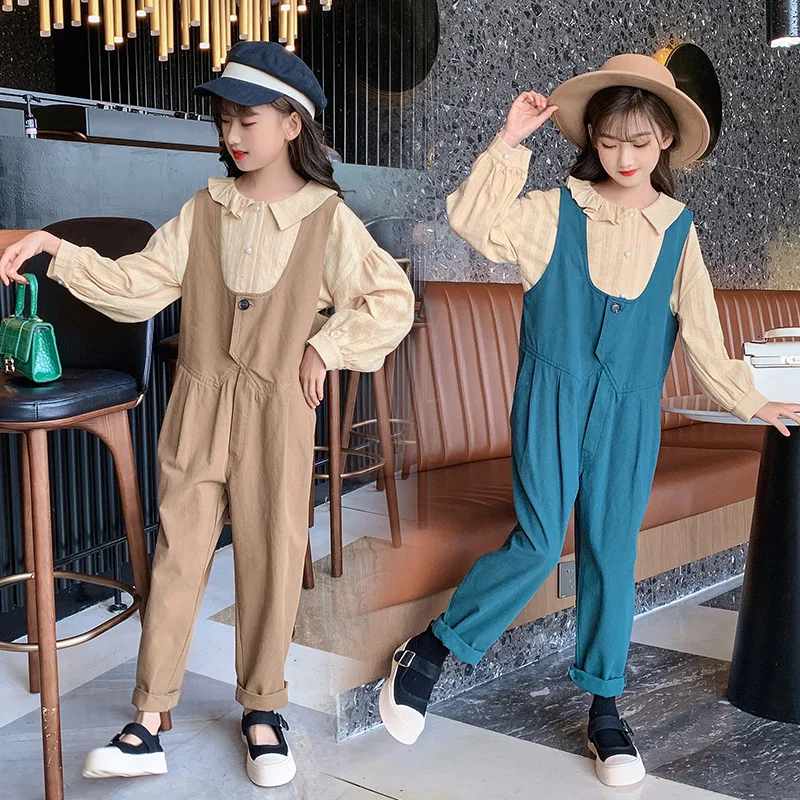 

Детская Милая хлопковая рубашка для девочек + комбинезон, комплект из двух предметов, осень 2021 г., новые костюмы для детей, модная Корейская о...