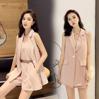 Женские костюмы из 3 предметов блейзер без рукавов + жилет шорты с эластичным