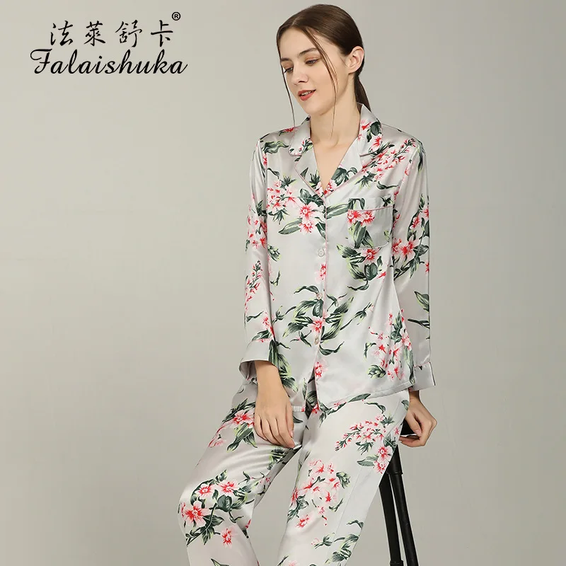 16 Momme Fresh floral 100% genuine silk pajamas sets women sleepwear sexy spring winter Mulberry Silk women pyjamas T8273