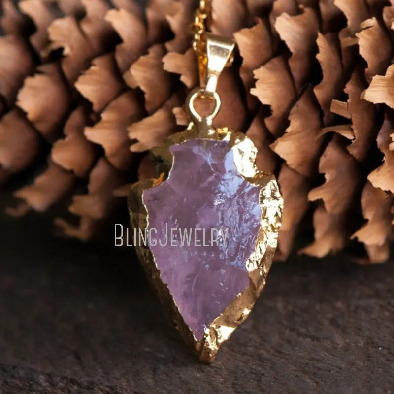 NM24985 Small Rose Quartz Arrowhead Pendant Necklace Gold Plated Chain Necklace Raw Rough Stone Necklace
