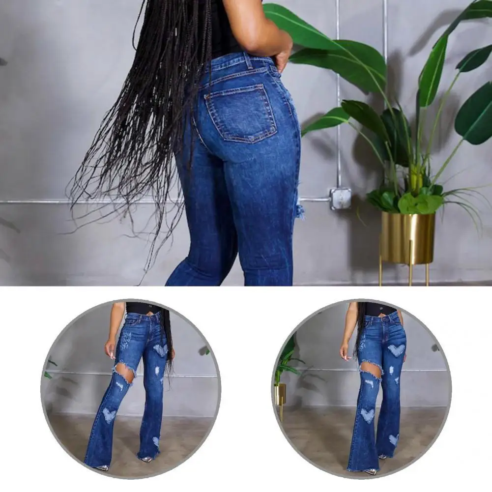 

Summer Autumn Stylish Heart Pattern Flare Denim Pants Temperament Women Flare Jeans High Waist for Daily Wear