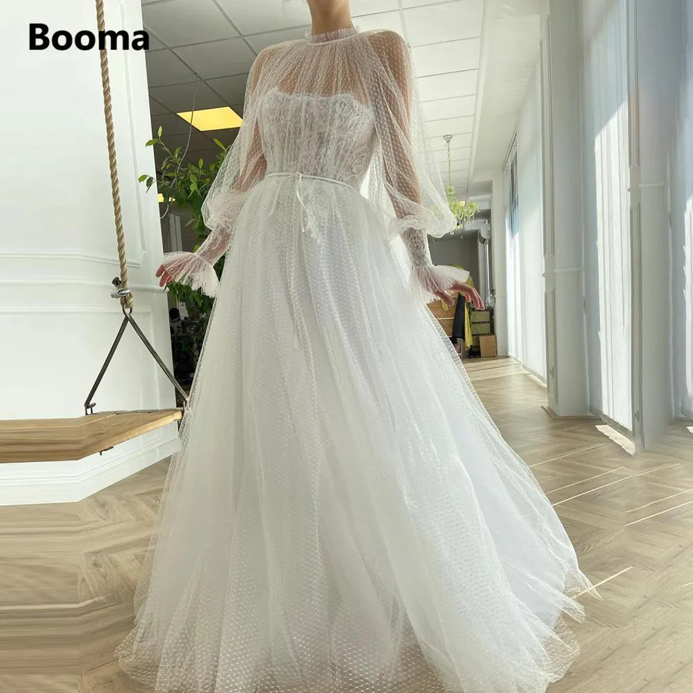 

Booma Swiss Dots Tulle Beach Wedding Dresses Long Poet Sleeves Sheer Neckline Illusion Bride Dresses A-Line Lace Bridal Gowns