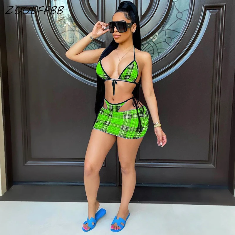 

ZOOEFFBB Sexy Plus Size Plaid 3 Piece Bikini Set Bathing Suit for Women Summer Beach Clothes Skirt Set Swimsuit Vacation Outfits