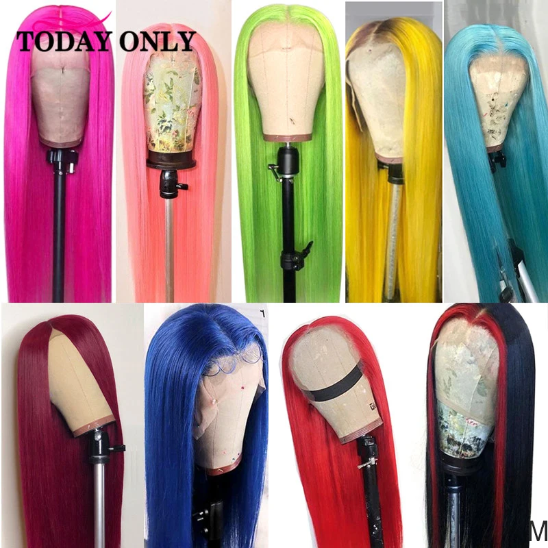 Зеленый парик из человеческих волос 13х4 оранжевый прямой желтый блонд кружевной