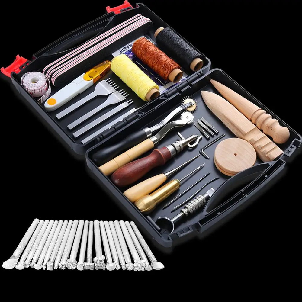 MIUSIE 50 pcs Leather Craft Tools Kit Wax Ropes Needles Hand Sewing Stitching Punching Cutting Sewing Leather Craft Making Tools