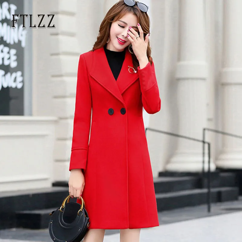 Шерстяное пальто для женщин тонкий длинный рукав отложной воротник корейский