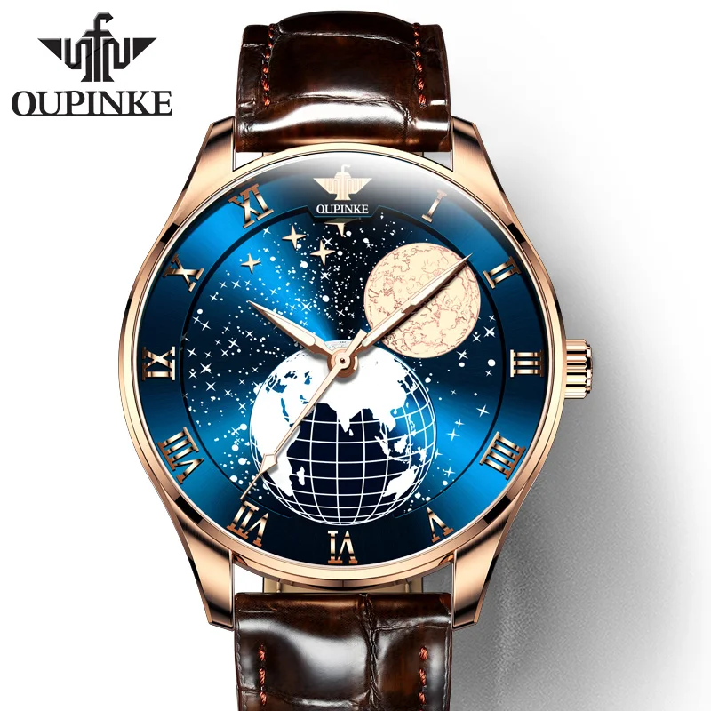 

OUPINKE Men Mechanical Watch Starry Sky Moon Phase Sapphire Crystal Glass Automatic Leather Business Wristwatch For Mature Male